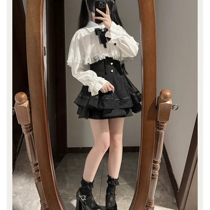 Tiered Black Skirt with Sweet Bows: Delicate & Charming Lolita - style
