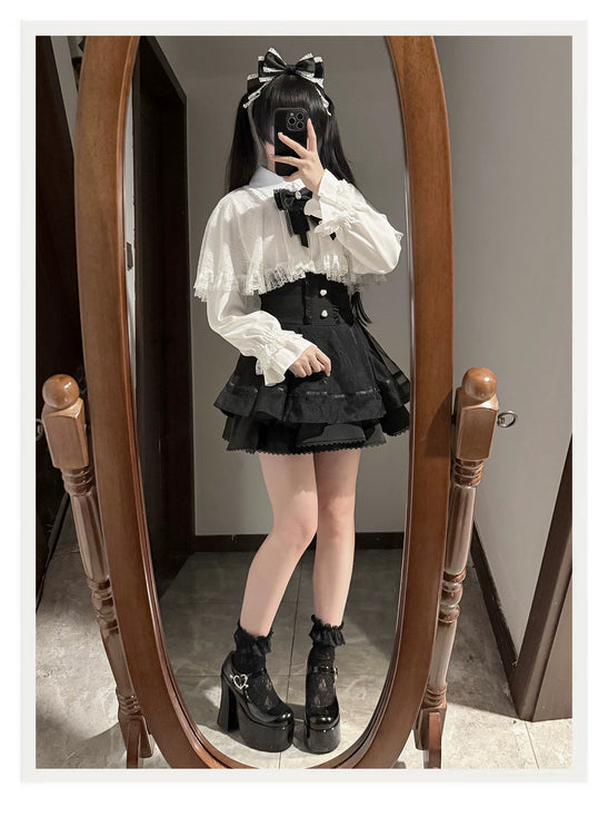 Tiered Black Skirt with Sweet Bows: Delicate & Charming Lolita - style