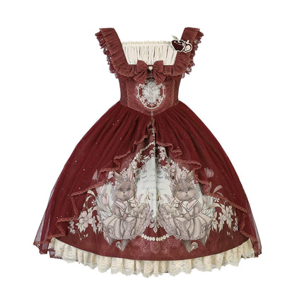 Baroque Fantasy Lolita Dress - Royal Red JSK with Woodland Creature Motifs