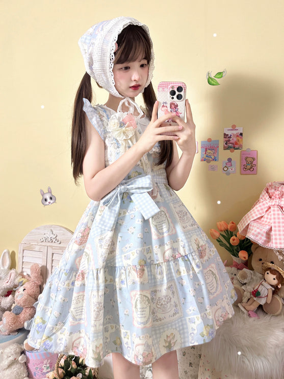 S-XL Spring Prelude Original Pastoral Print Lightweight Daily Lolita Dress