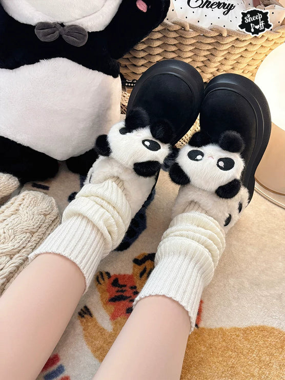 Panda - themed Fluffy Slippers with Heels and Adorable Face Designs
