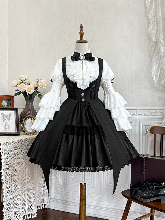 Gothic Sorceress Lolita Set - Witch-Inspired Suspender Dress with Ruffled Blouse and Enchanted Hat