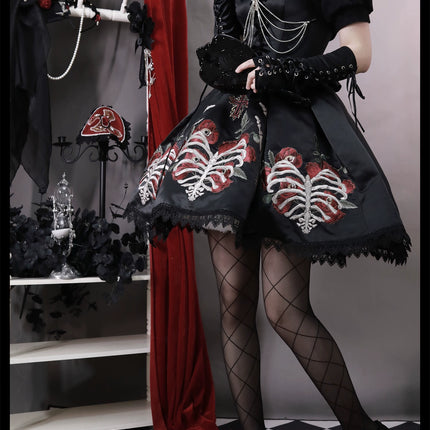 S-XL Skeleton Fishbone Skirt JSK Embroidered Beaded Dark Mysterious Dress Lolita Gown