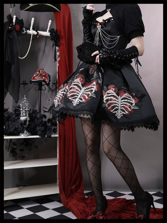 S-XL Skeleton Fishbone Skirt JSK Embroidered Beaded Dark Mysterious Dress Lolita Gown