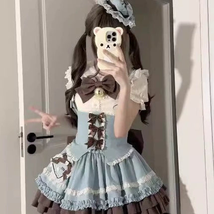 Whimsical Lolita Dress with Ruffled Skirt and Delicate Lace Trims