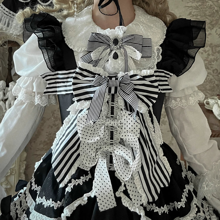 Gothic Aristocrat Lolita Dress - Victorian Black and White Ruffled Doll OP with Cape and Bonnet