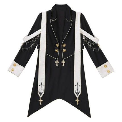 Modern Gothic Prince Suit – Courtly Black Jacket with Embroidered Sash and Ruffled Blouse