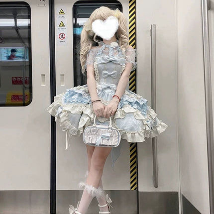 Gothic Heart of Pearls Lolita Dress - Pastel Princess JSK with Layered Ruffles and Cross Embellishments