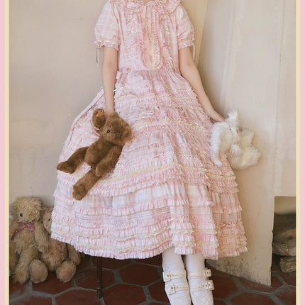 Pastel Pink Checkered Lolita Dress with Ruffled Skirt and Delicate Embellishments