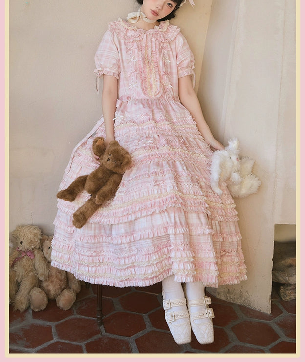 Pastel Pink Checkered Lolita Dress with Ruffled Skirt and Delicate Embellishments