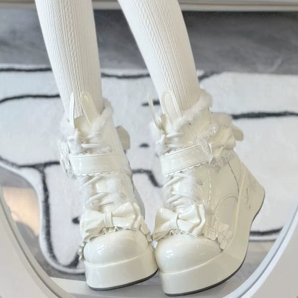 Furry - trimmed Lolita Boots with Bow - buckle and Thick Platform
