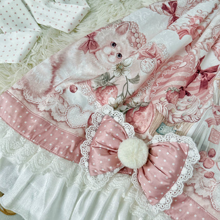 Lolita Capelette Dress Set with Bow - detail and Lace Trim, Pastel Pink and White Color Scheme