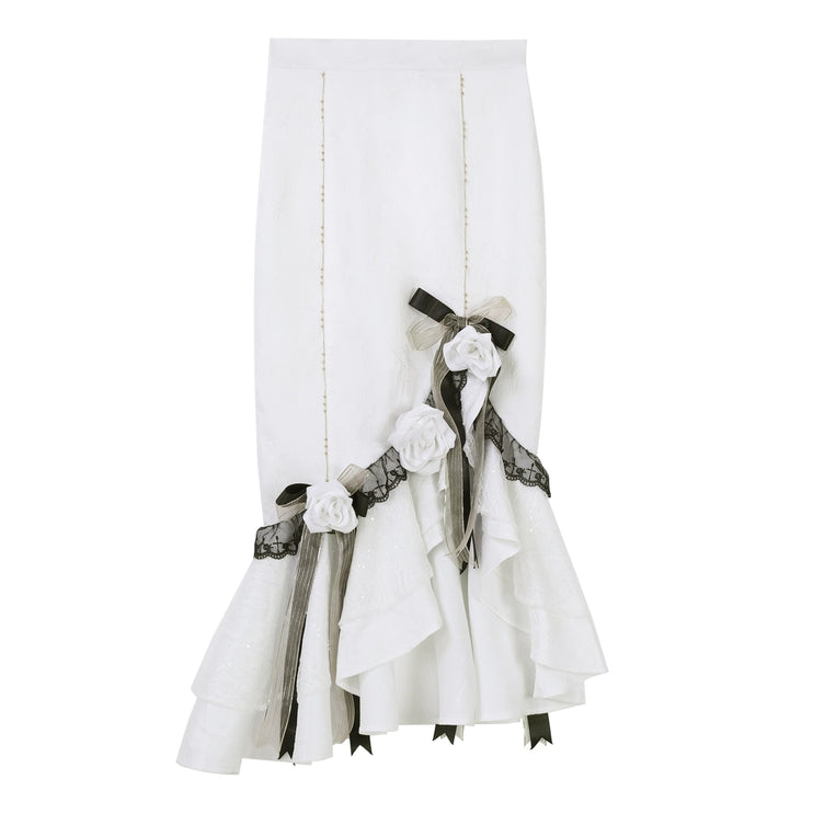 White Gothic-style dress set: court-inspired top and mermaid skirt with waist belt