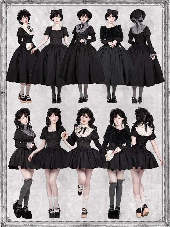 Black & Cream Whimsical Lolita Dress – Adjustable Bows & Multi-Tiered Lace Skirt