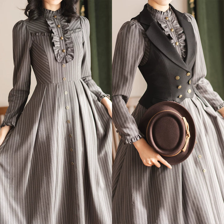 Long - striped dress with a tailored waistcoat, vintage charm in every stitch