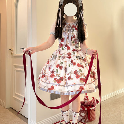 S-2XL Cherry Blossom Delight Lolita Dress – Sweet Vintage Print JSK/OP in Black, Red, Gray & White