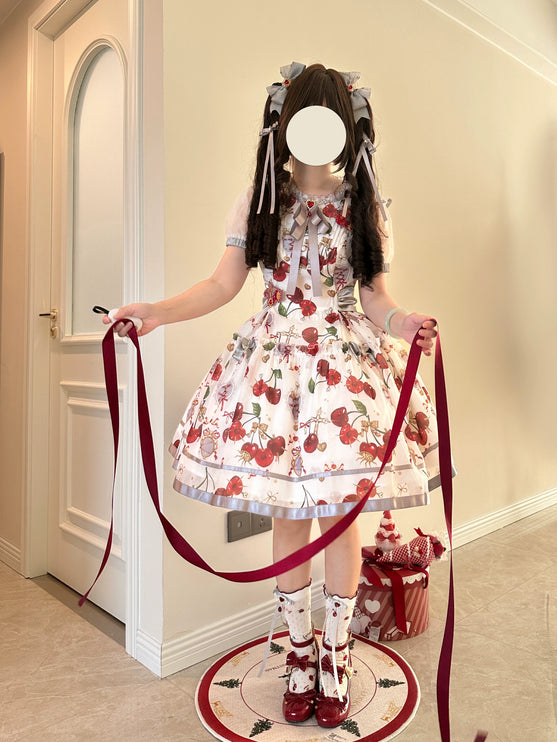 S-2XL Cherry Blossom Delight Lolita Dress – Sweet Vintage Print JSK/OP in Black, Red, Gray & White