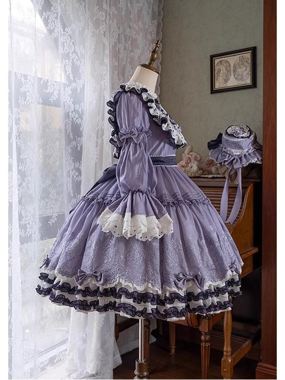 Elegant Lavender Lolita OP Dress with Lace and Ruffled Trims