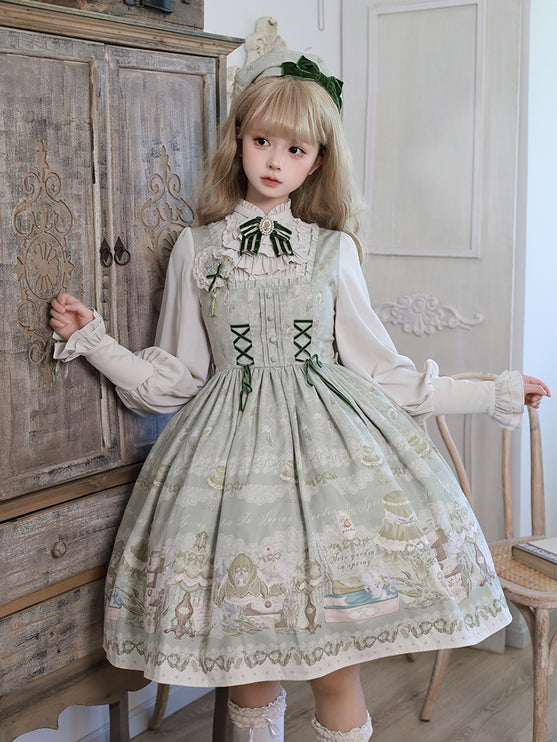 Whimsical Floral Lolita Dress – Tiered Skirt with Detachable Bows & Crisscross Ribbon Details