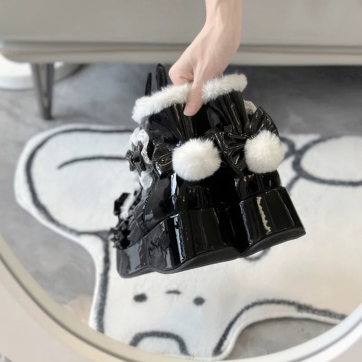 Furry - trimmed Lolita Boots with Bow - buckle and Thick Platform