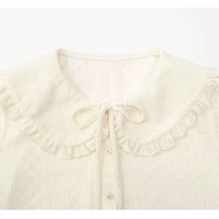 Romantic Ruffled Peter Pan Blouse, Sweet Bear Patch & Cookie Pocket Cozy Plaid Cardigan
