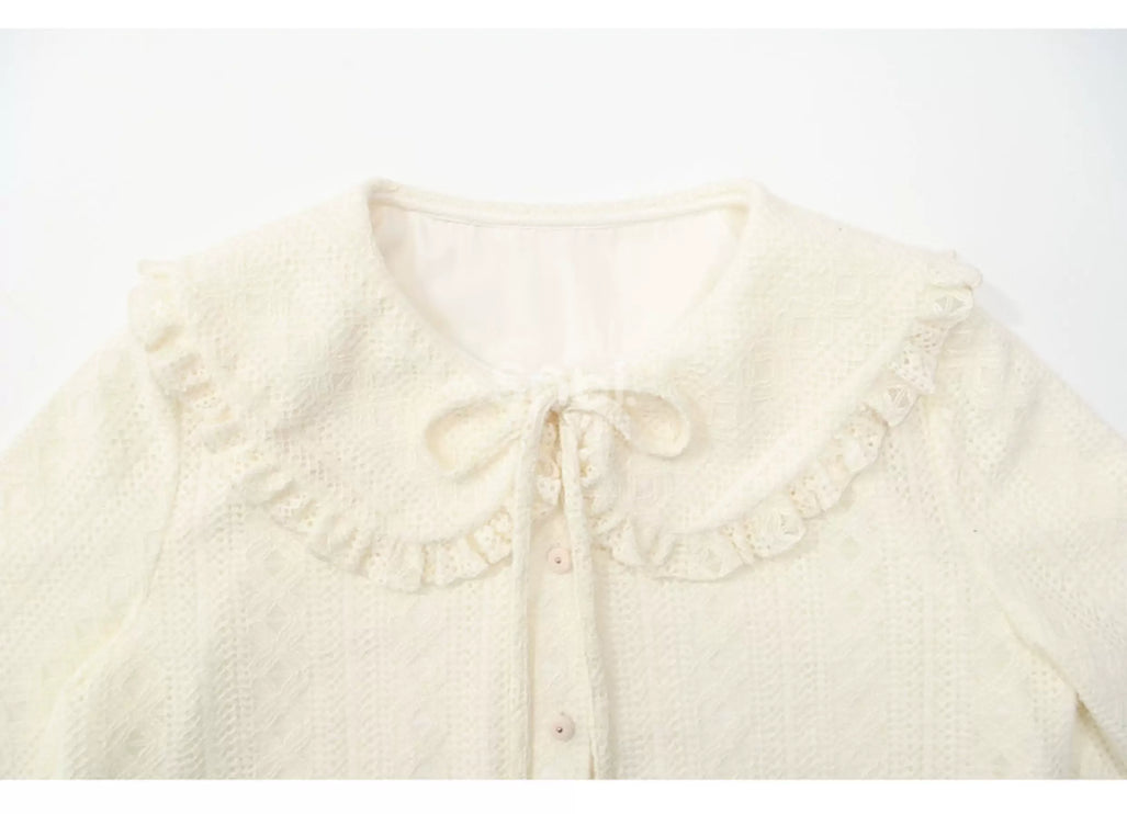 Romantic Ruffled Peter Pan Blouse, Sweet Bear Patch & Cookie Pocket Cozy Plaid Cardigan