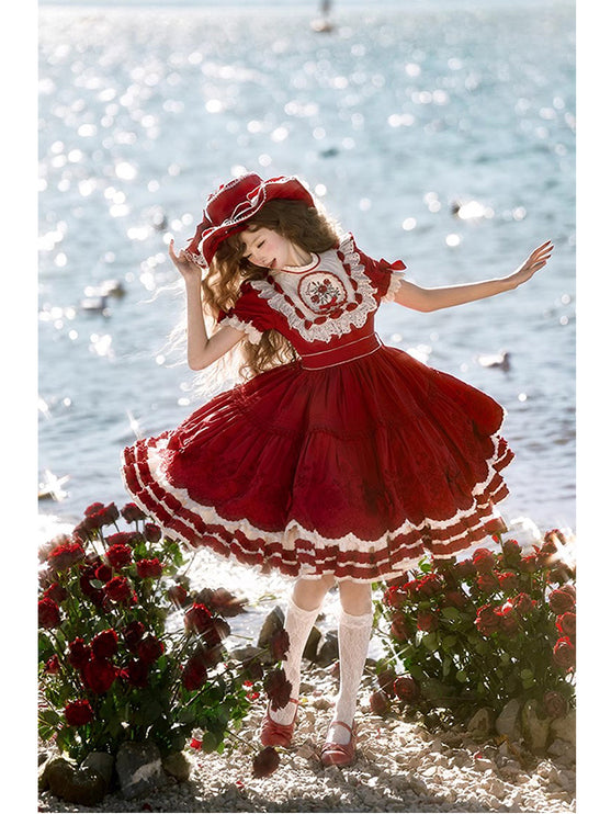 Elegant Country Style Red Lolita OP with Whimsical Embroidery and Ruffled Trims