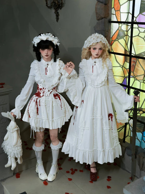 Gothic Lolita White Dresses with Bloody Accents, Delicate Lace and Charming Design