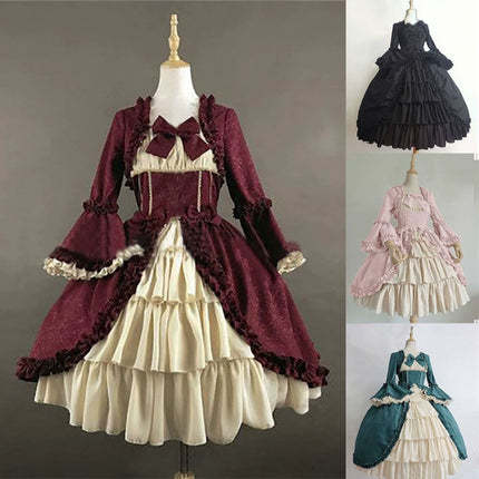 S-5XL Elegant Medieval Retro Gothic Court Dress Square Collar Waist Splicing Bow Lolita Dress