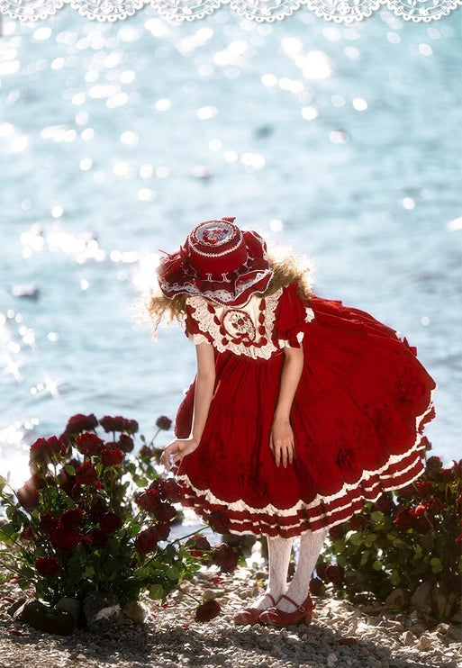Elegant Country Style Red Lolita OP with Whimsical Embroidery and Ruffled Trims