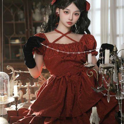 Thorn Rose Lolita Dress Short Sleeve OP Triple-Layer Puffy Skirt Red Lolita Dress