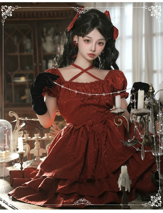 Thorn Rose Lolita Dress Short Sleeve OP Triple-Layer Puffy Skirt Red Lolita Dress