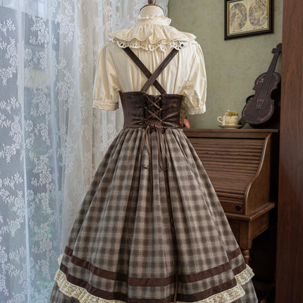Vintage - style Plaid Suspender Skirt with Lace Trims and Button - up Bodice