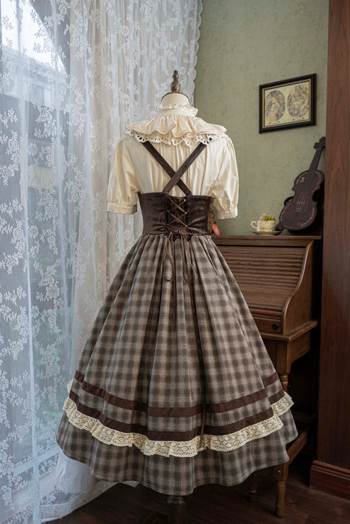 Vintage - style Plaid Suspender Skirt with Lace Trims and Button - up Bodice