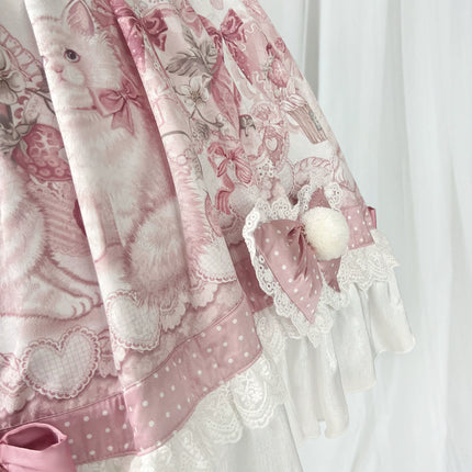 Lolita Capelette Dress Set with Bow - detail and Lace Trim, Pastel Pink and White Color Scheme