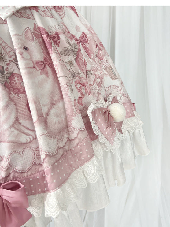 Lolita Capelette Dress Set with Bow - detail and Lace Trim, Pastel Pink and White Color Scheme