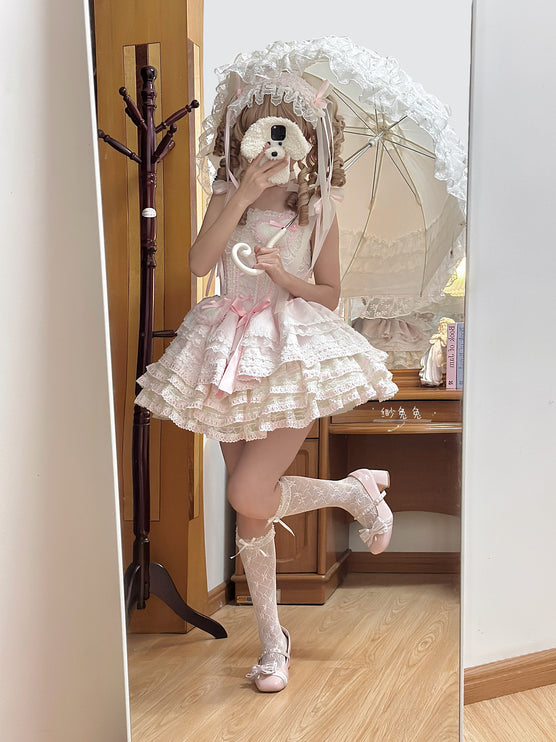 Whimsical Pastel Lolita Dress with Embroidered Animal Motifs and Ruffled Skirt