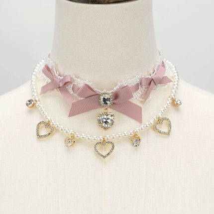 Edgy Punk Style Elaborate Double-Layer Necklace with Pearls and Gemstone Choker Lolita Collarbone Chain