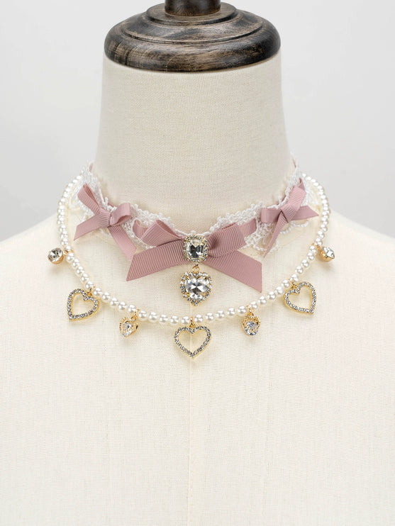 Edgy Punk Style Elaborate Double-Layer Necklace with Pearls and Gemstone Choker Lolita Collarbone Chain