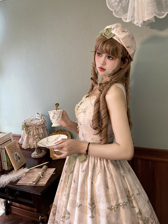 Whimsical Floral Lolita Dress – Tiered Skirt with Detachable Bows & Crisscross Ribbon Details