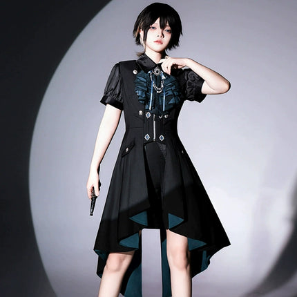 Gothic - Inspired Black and Teal Asymmetrical Long Coat with Puff Sleeves and Decorative Details