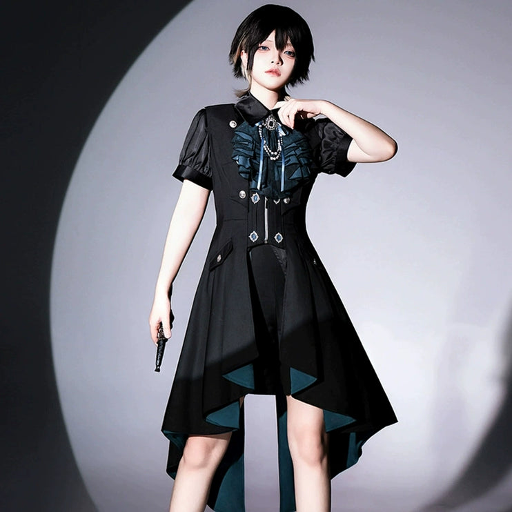 Gothic - Inspired Black and Teal Asymmetrical Long Coat with Puff Sleeves and Decorative Details