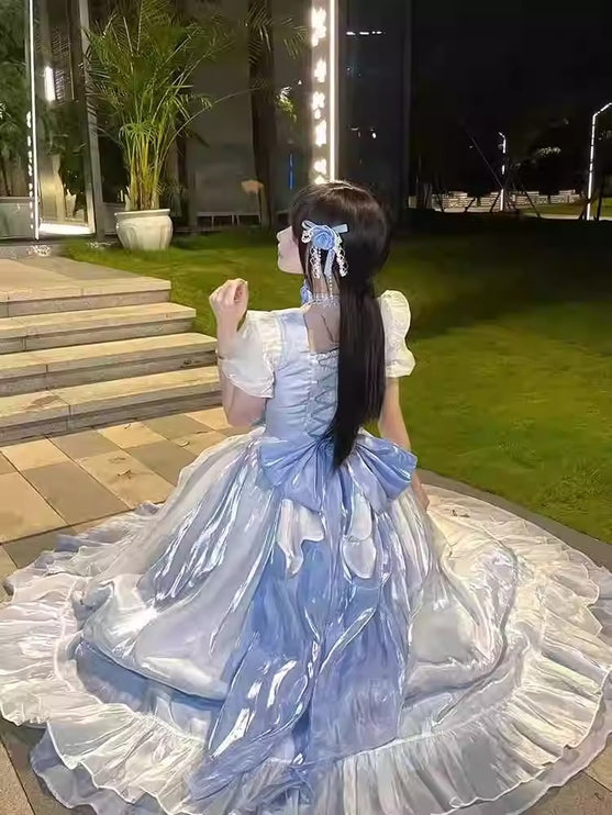 Blue Adult Formal Dress, Big Flower Bridal Lolita Dress