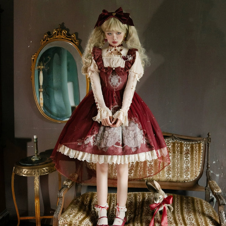 Baroque Fantasy Lolita Dress - Royal Red JSK with Woodland Creature Motifs