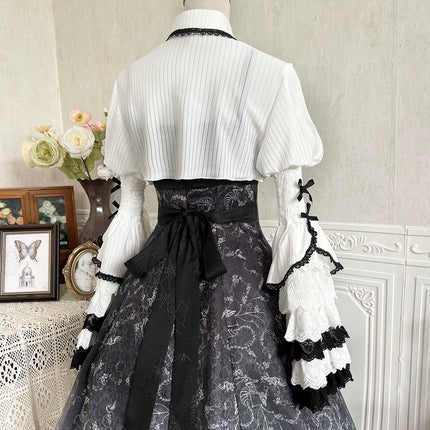 Gothic Victorian Lolita Set – High-Neck Lace Blouse & Gradient Layered JSK with Embroidered Bodice and Ruffled Sleeves