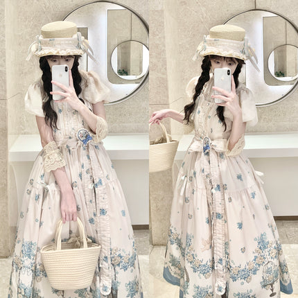 Bluebird Garden Lolita JSK – Elegant Floral Print Cla Series Dress with Waist Tie and Scalloped Hem