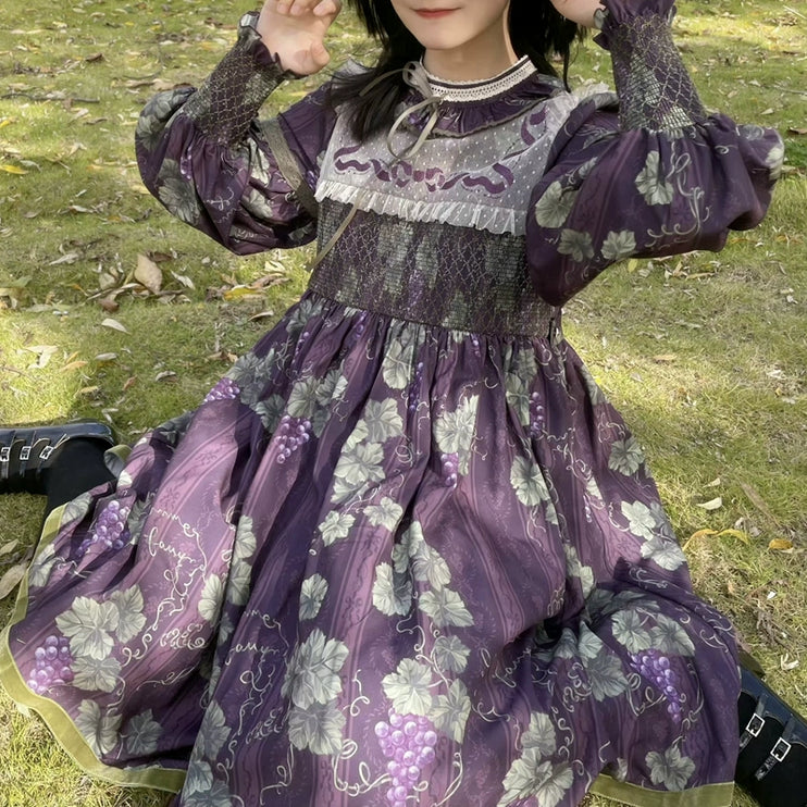 Autumn Winter Japanese Sweet Lolita Vintage Elegant Lady Vineyard Stand Collar Doll Long Sleeve Dress OP and JSK