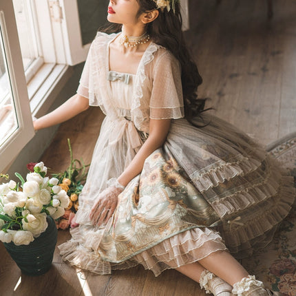 Vintage Floral Lolita Dress with Tulle Layers, Off - the - Shoulder Sleeves & Delicate Headpiece