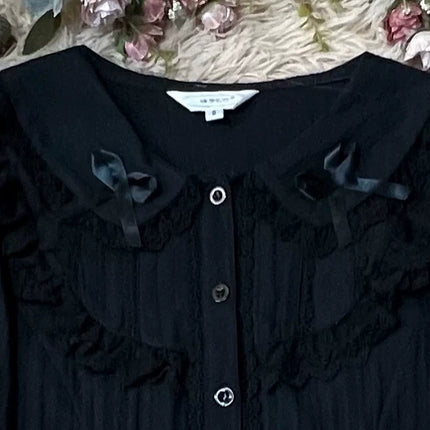 Lolita Dress Summer Peter Pan Collar Short Sleeve Cotton Shirt, White/ Black