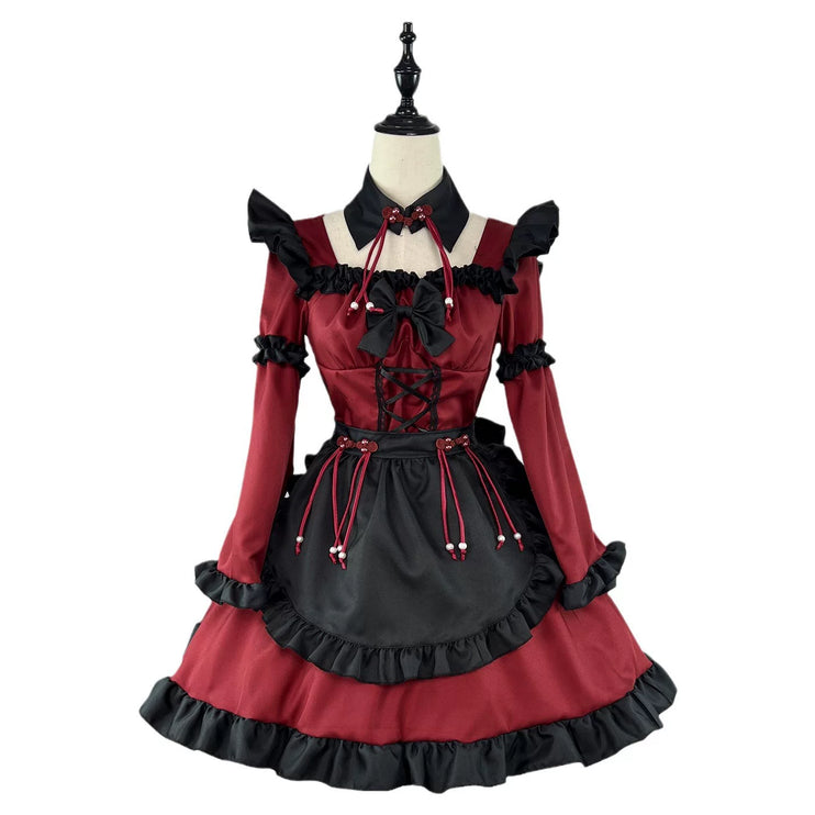Gothic - Lolita Dress: Red & Black Charm with Frills and Lace - Up Detail
